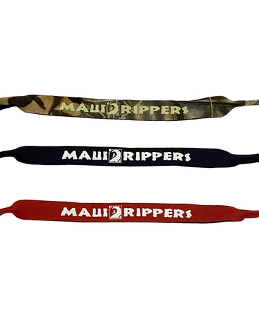 three pack of maui rippers neoprene sunglass cords. One camo, one black, and one red 