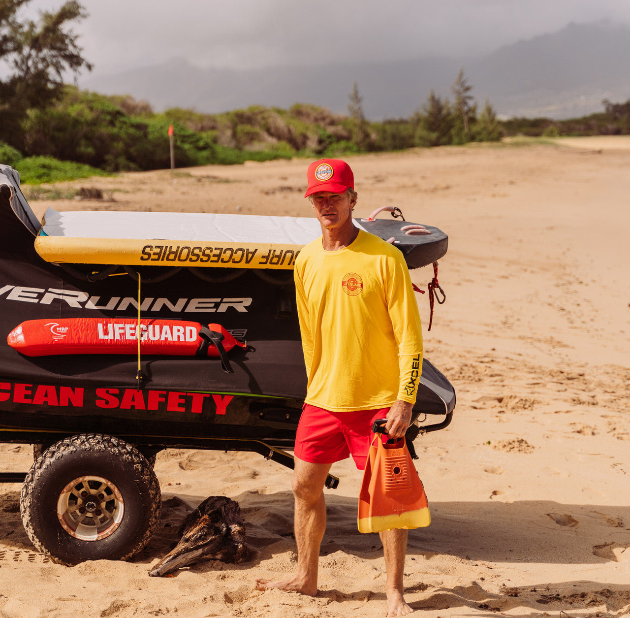 Maui Veteran Lifeguard Ian Mufali wearing the 17" lifeguard short