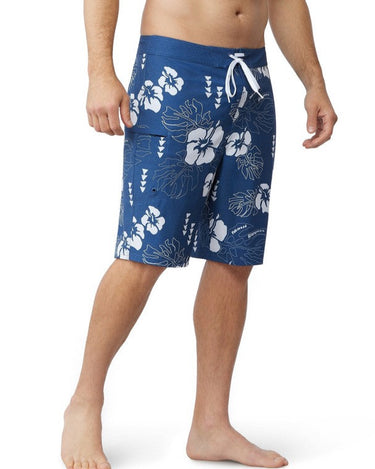 Maui Rippers Mens 24 inch stretch blue hawaiian floral boardshorts from the side with durable cargo pocket 