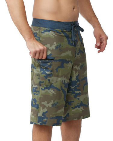 Maui Rippers men's reef camo cargo pocket boardshorts from the side showing pocket 