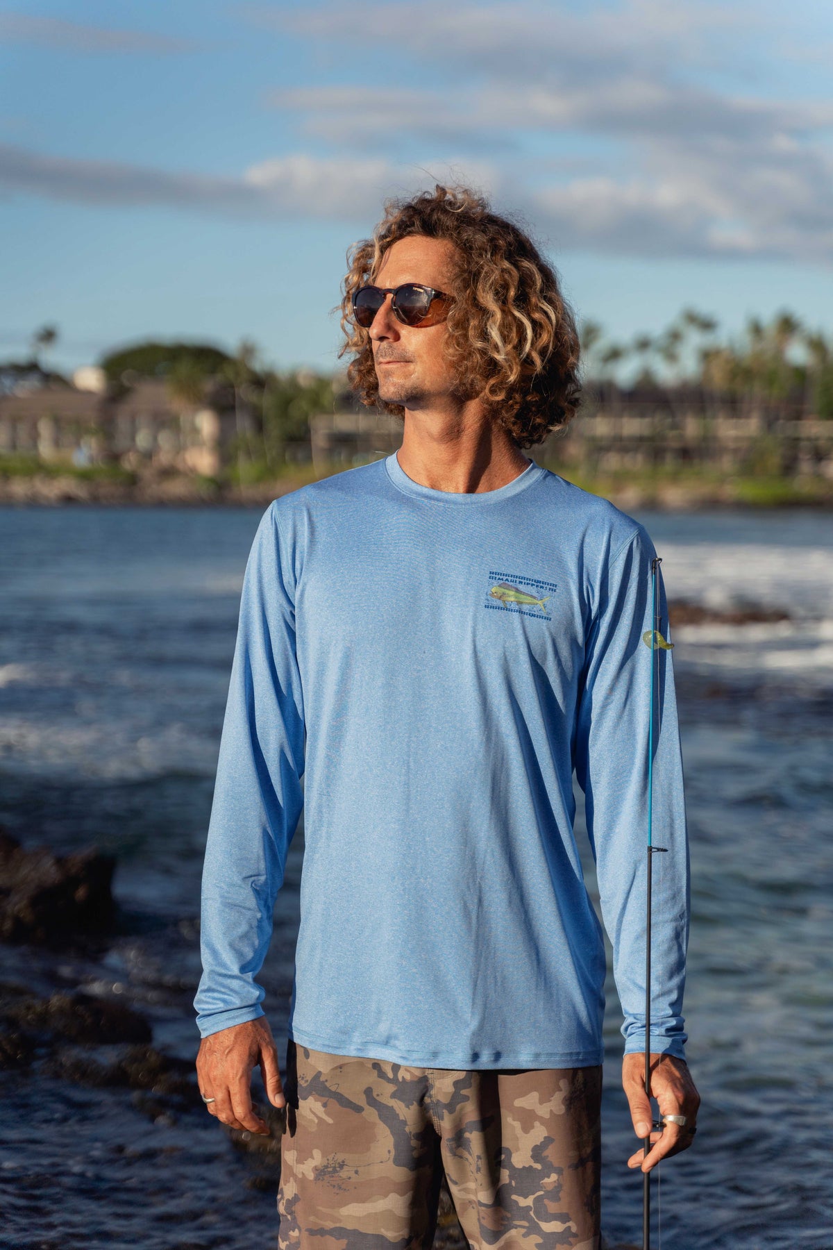 Men's UPF 50 Sun Defense Long Sleeve Heather Blue Mahi Shirt | Maui Rippers