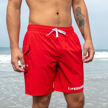 MEN'S ELASTIC WAISTBAND LIFEGUARD SWIM TRUNKS - RED