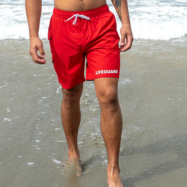 MEN'S ELASTIC WAISTBAND LIFEGUARD SWIM TRUNKS - RED