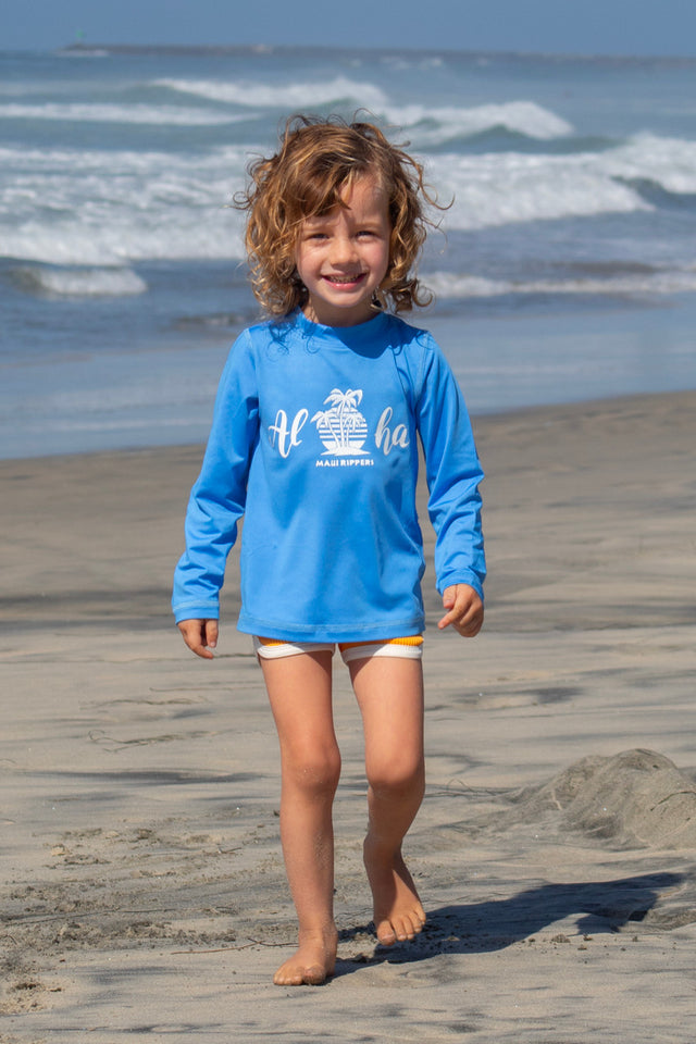 Kids UPF 50 Sun Defense Long Sleeve Aloha Blue Youth Shirt | Maui Rippers